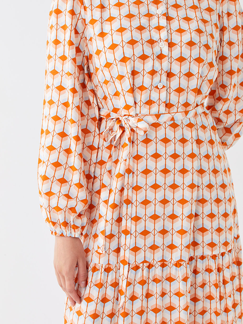 Turuncu Bisiklet Yaka Desenli Uzun Kollu Kadın Elbise-2