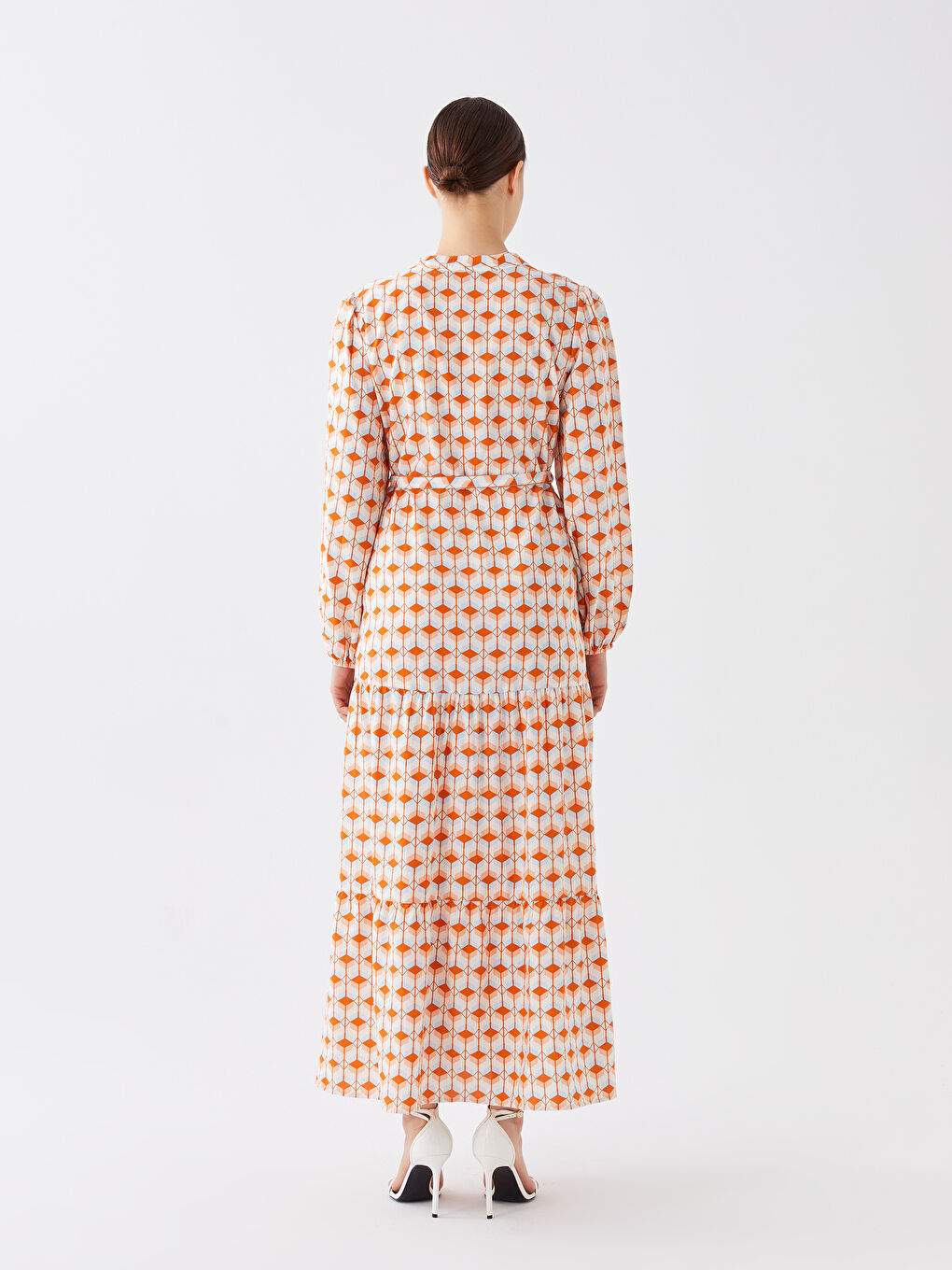Turuncu Bisiklet Yaka Desenli Uzun Kollu Kadın Elbise-3