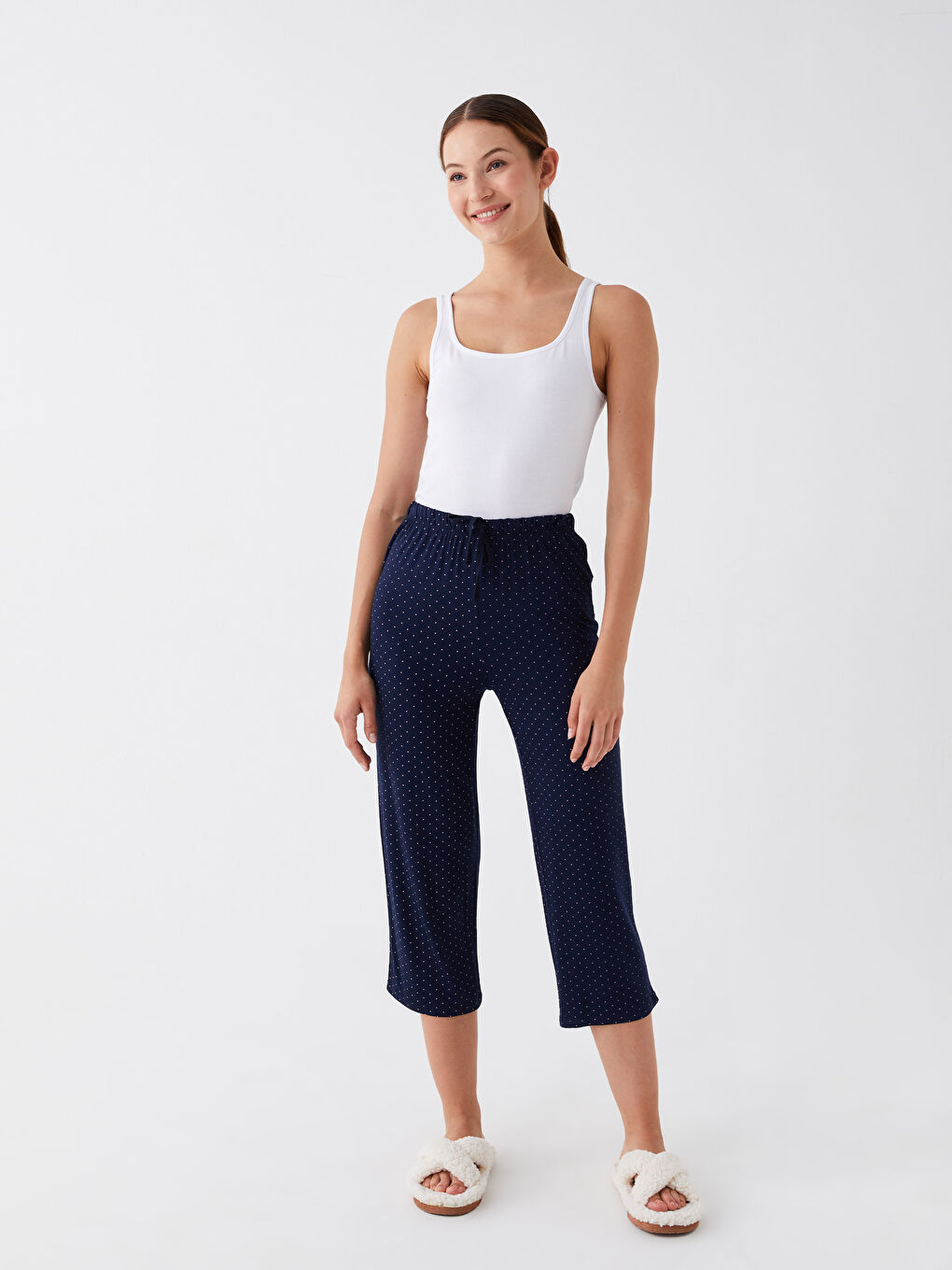 Lacivert Beli Lastikli Desenli Kadın Kapri Pijama Altı