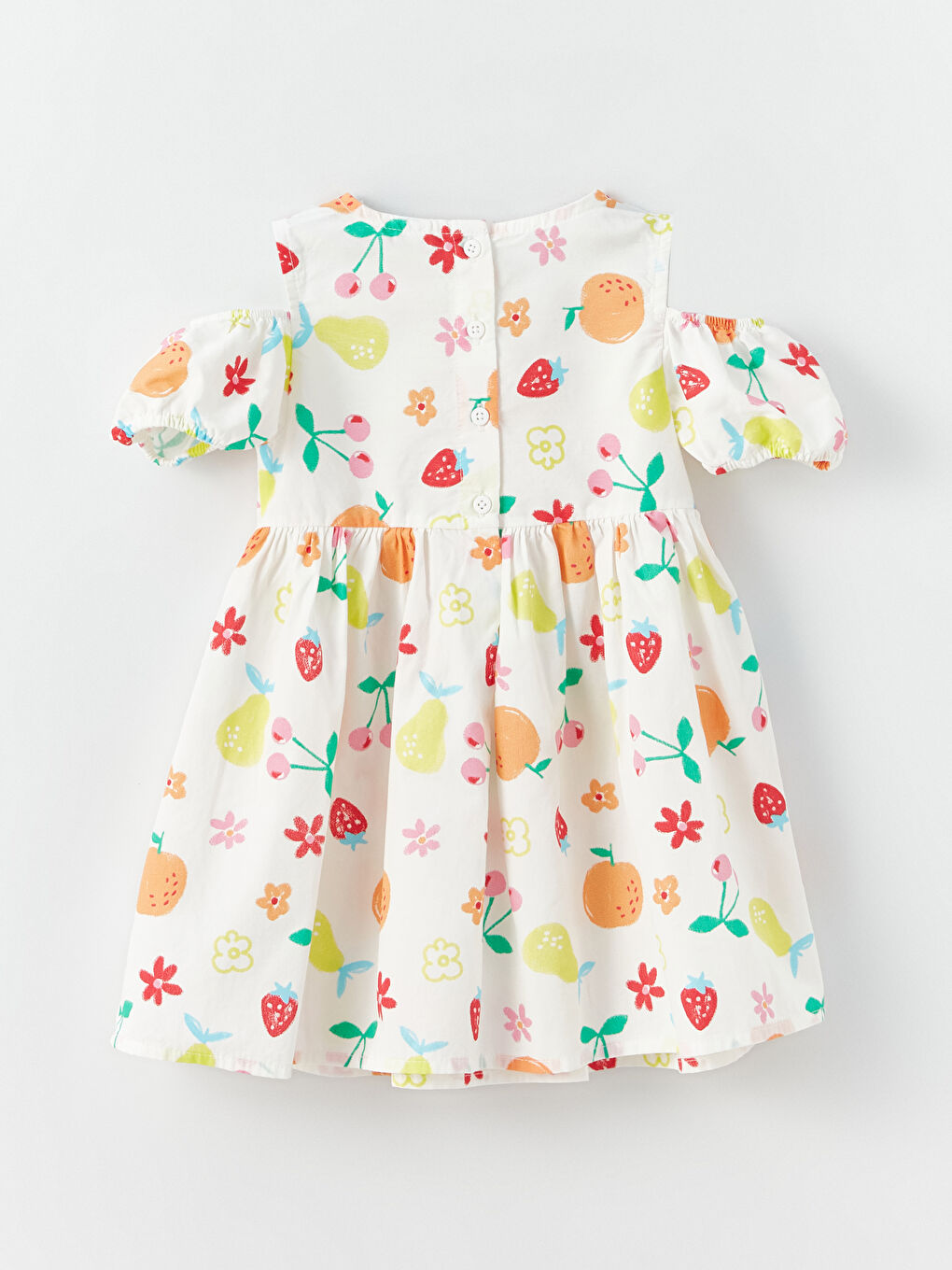 Ekru Bisiklet Yaka Baskılı Kız Bebek Elbise-1