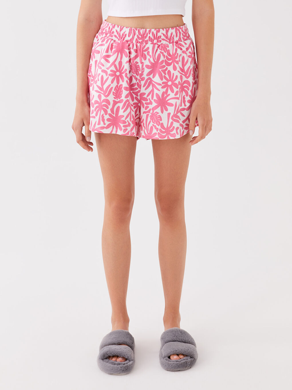 Beyaz Beli Lastikli Desenli Kadın Şort Pijama Altı-3