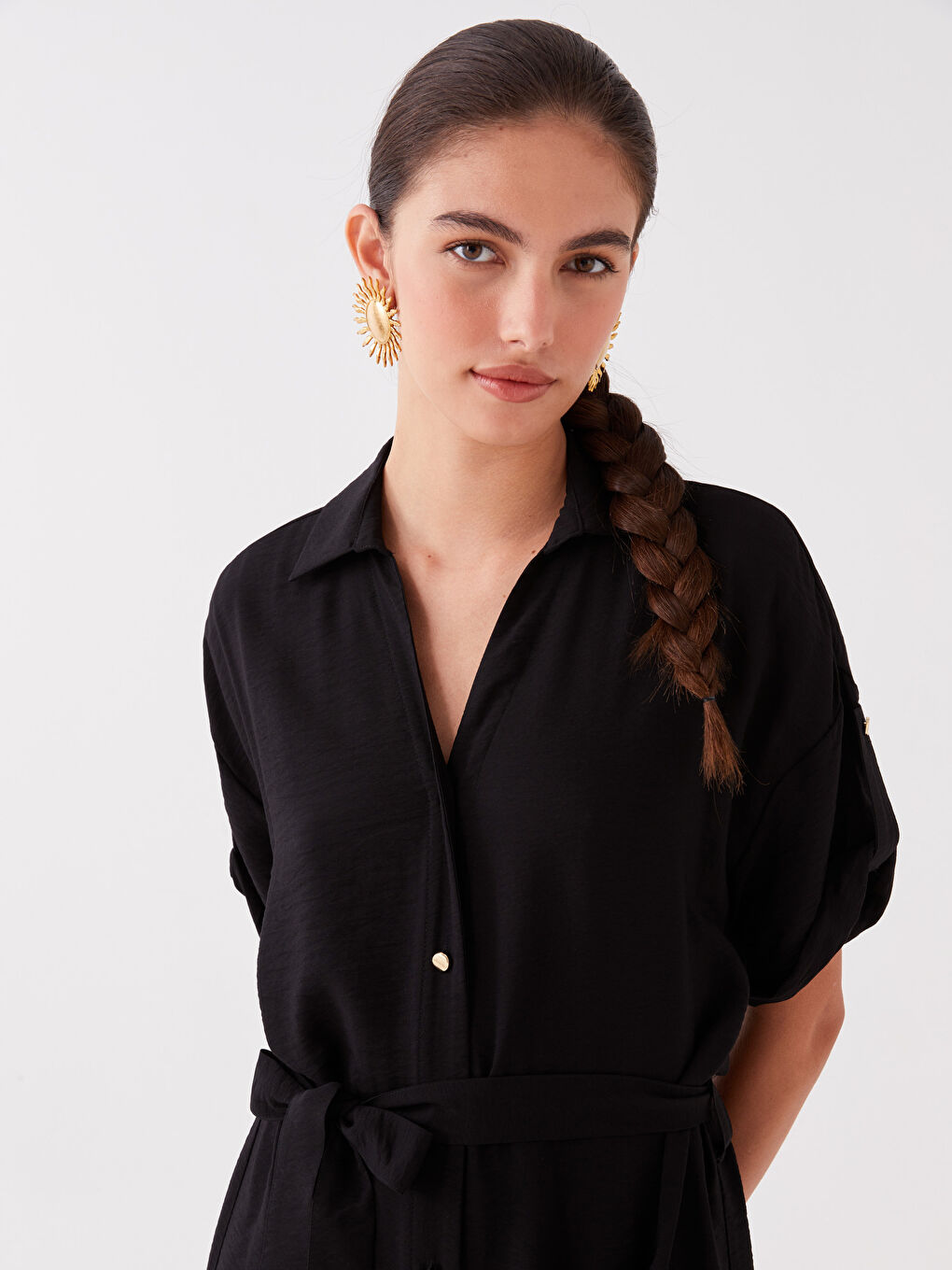 Plain Short Sleeve Women's Shirt Dress-1