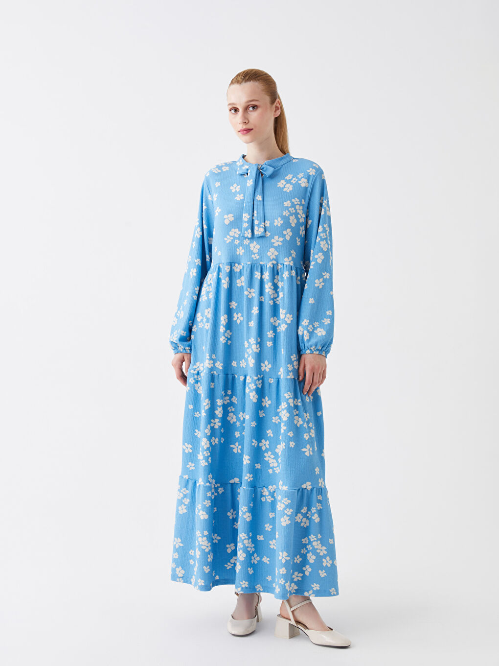 Mavi Bağlamalı Yaka Desenli Uzun Kollu Kadın Elbise-1