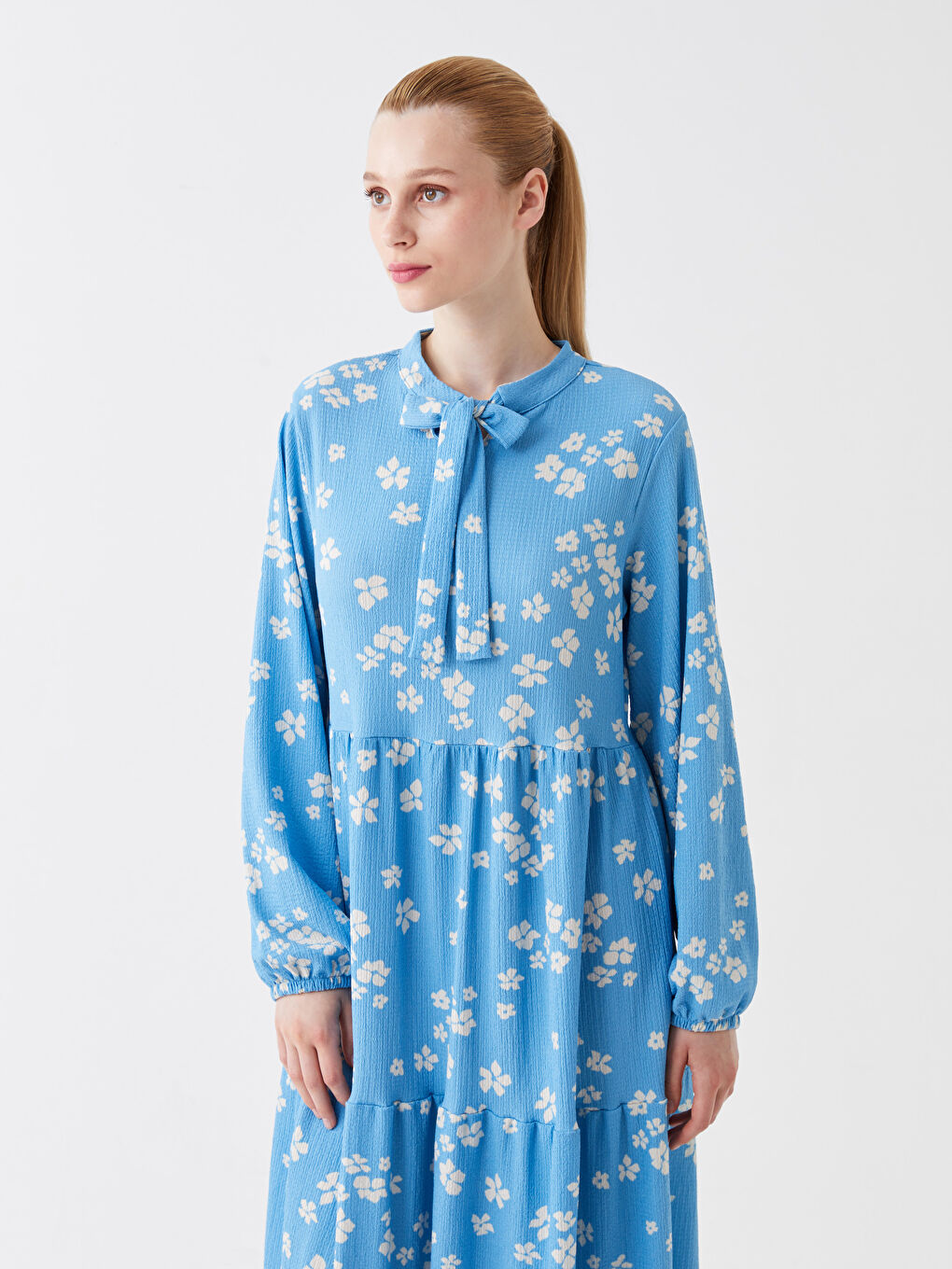 Mavi Bağlamalı Yaka Desenli Uzun Kollu Kadın Elbise-2