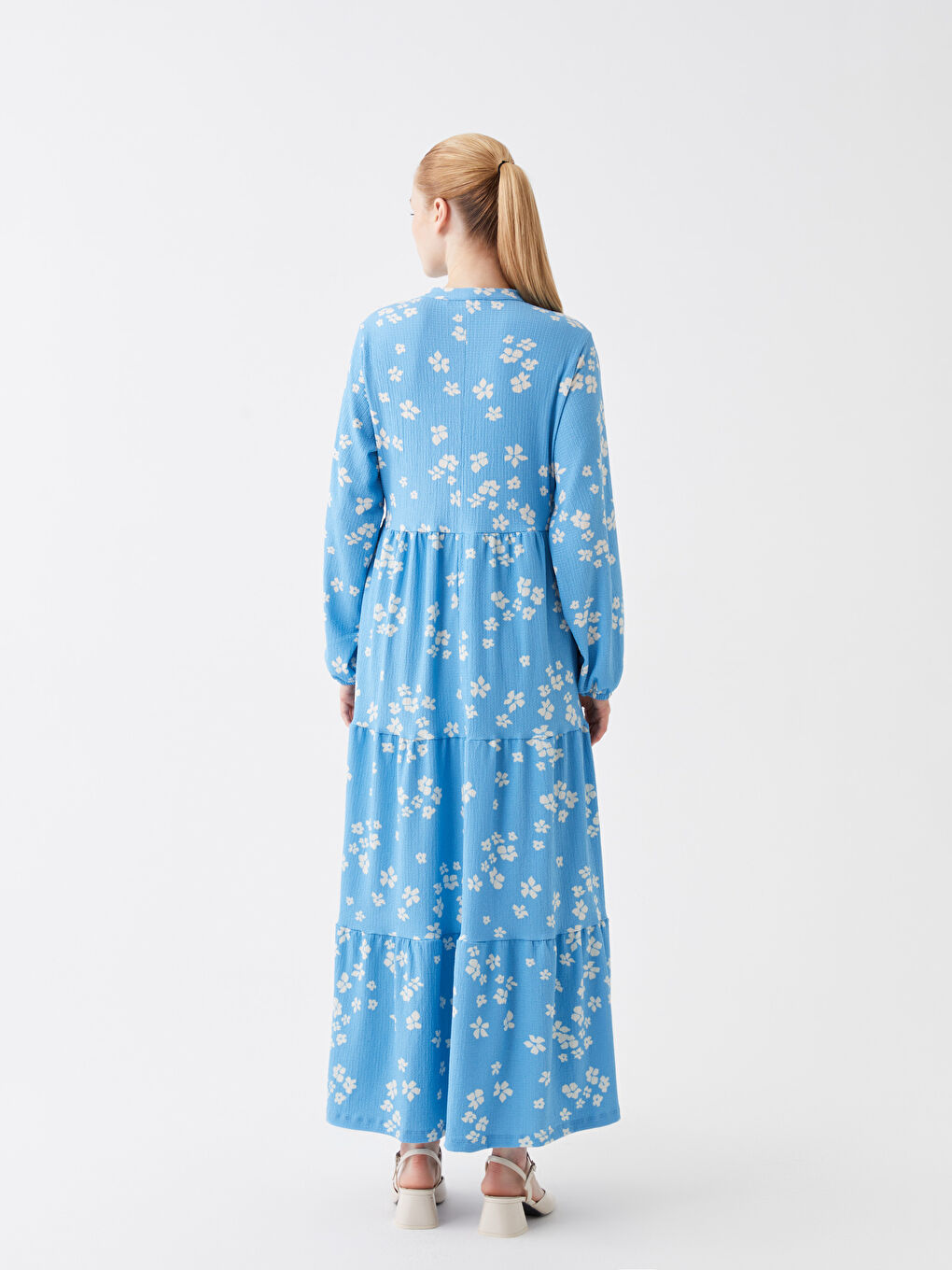 Mavi Bağlamalı Yaka Desenli Uzun Kollu Kadın Elbise-4