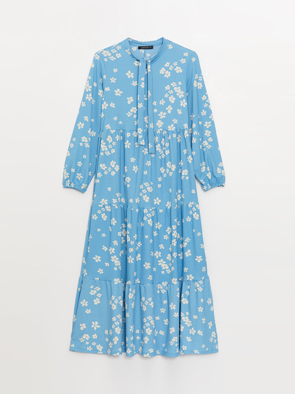 Mavi Bağlamalı Yaka Desenli Uzun Kollu Kadın Elbise-5