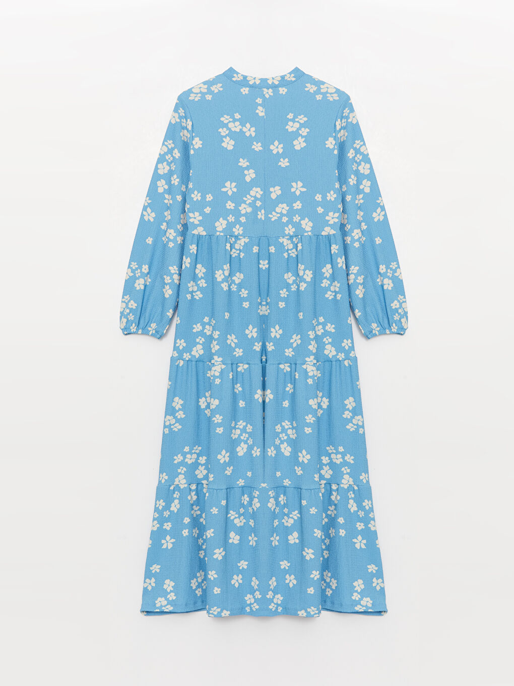 Mavi Bağlamalı Yaka Desenli Uzun Kollu Kadın Elbise-6