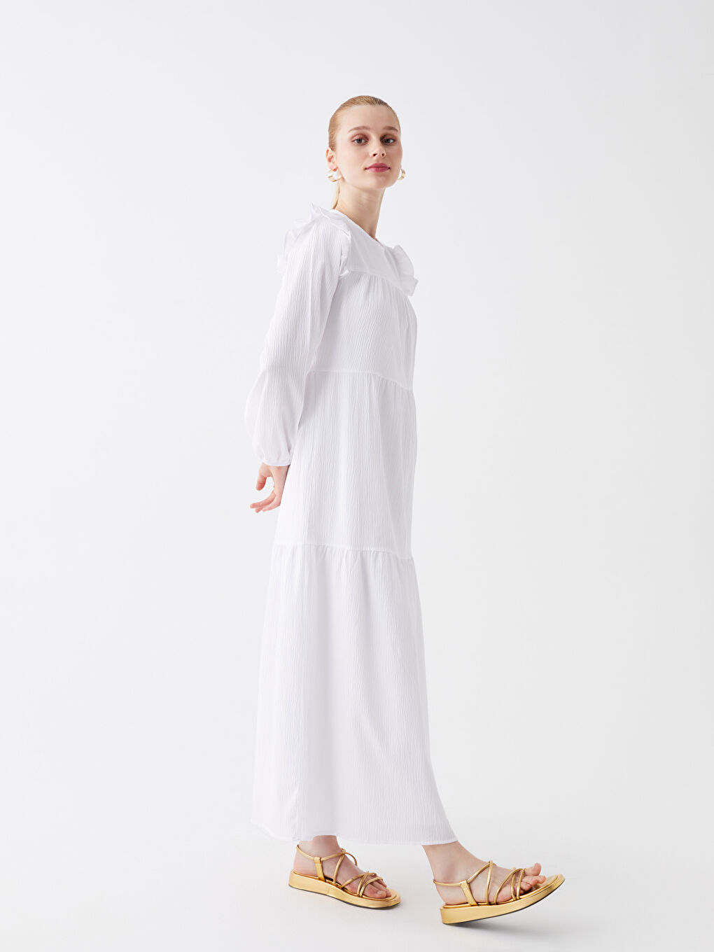 Beyaz Bisiklet Yaka Düz Uzun Kollu Kadın Elbise