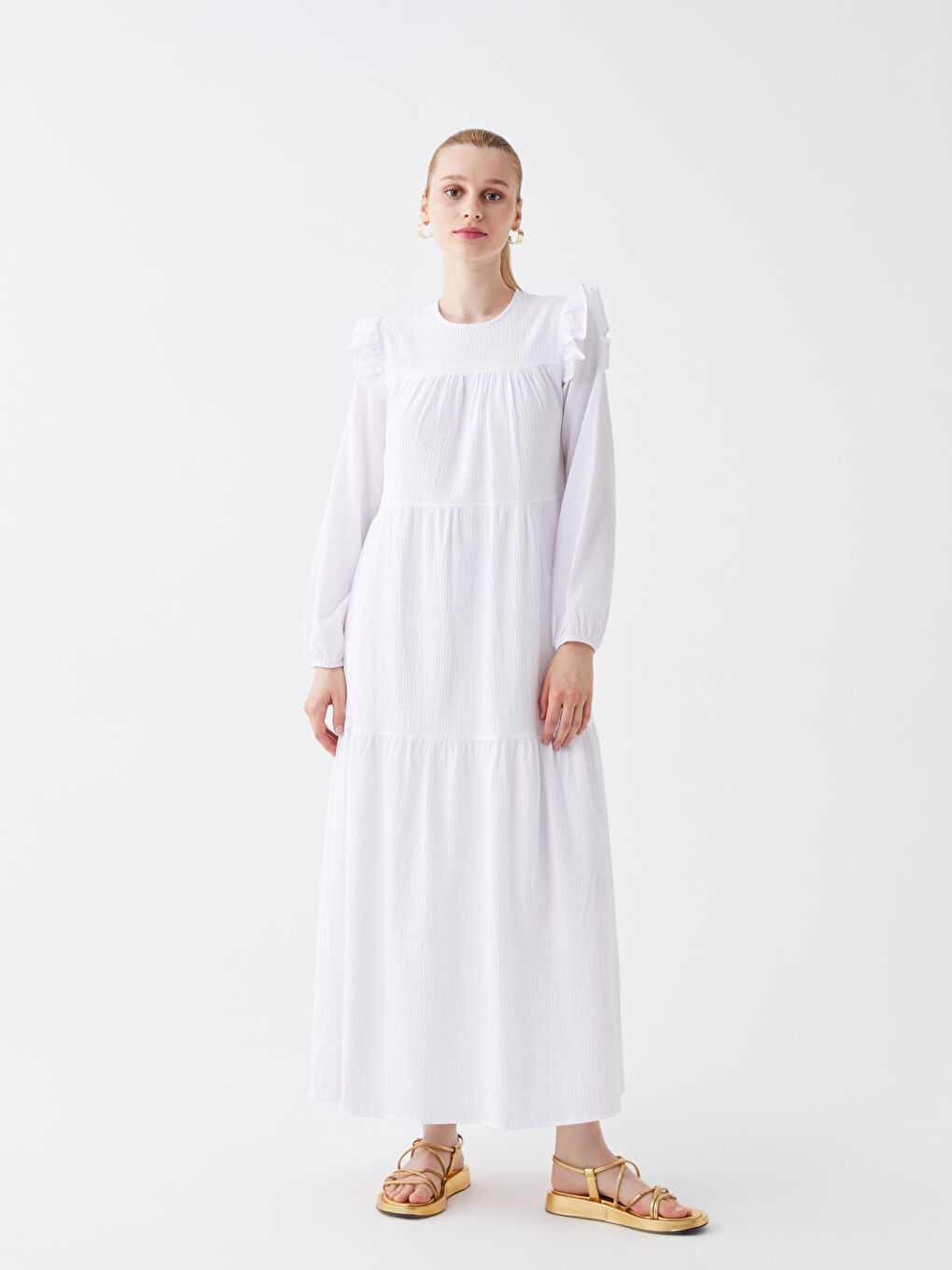 Beyaz Bisiklet Yaka Düz Uzun Kollu Kadın Elbise-1