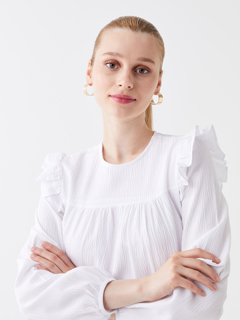 Beyaz Bisiklet Yaka Düz Uzun Kollu Kadın Elbise-2