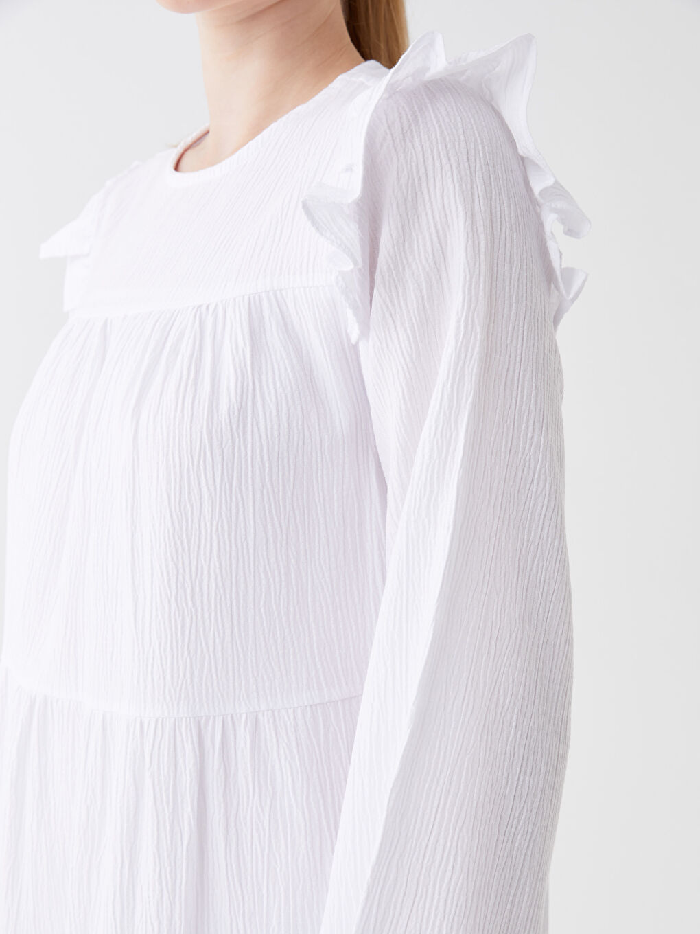 Beyaz Bisiklet Yaka Düz Uzun Kollu Kadın Elbise-3