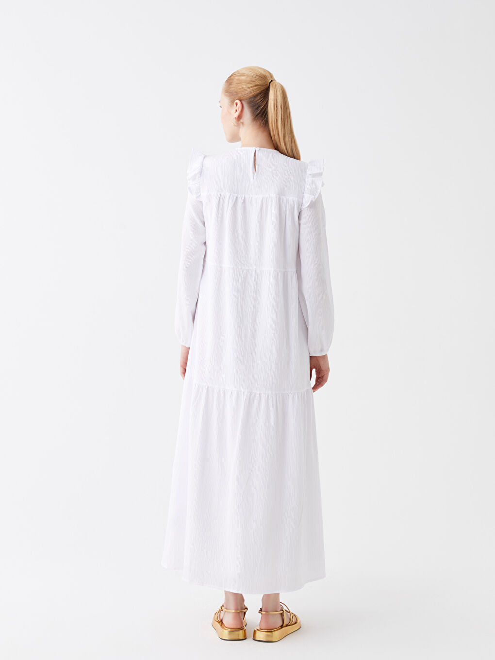 Beyaz Bisiklet Yaka Düz Uzun Kollu Kadın Elbise-4