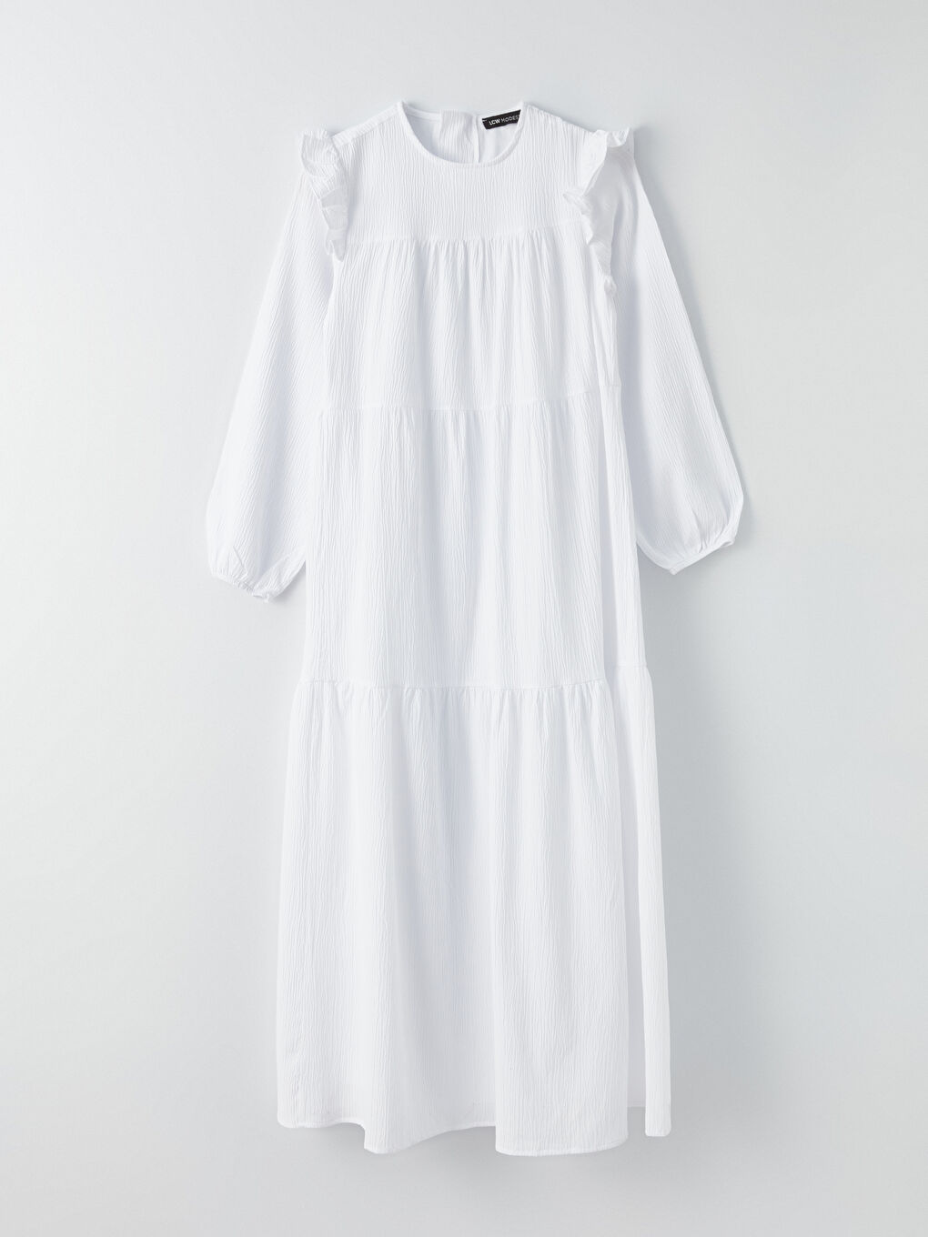 Beyaz Bisiklet Yaka Düz Uzun Kollu Kadın Elbise-5