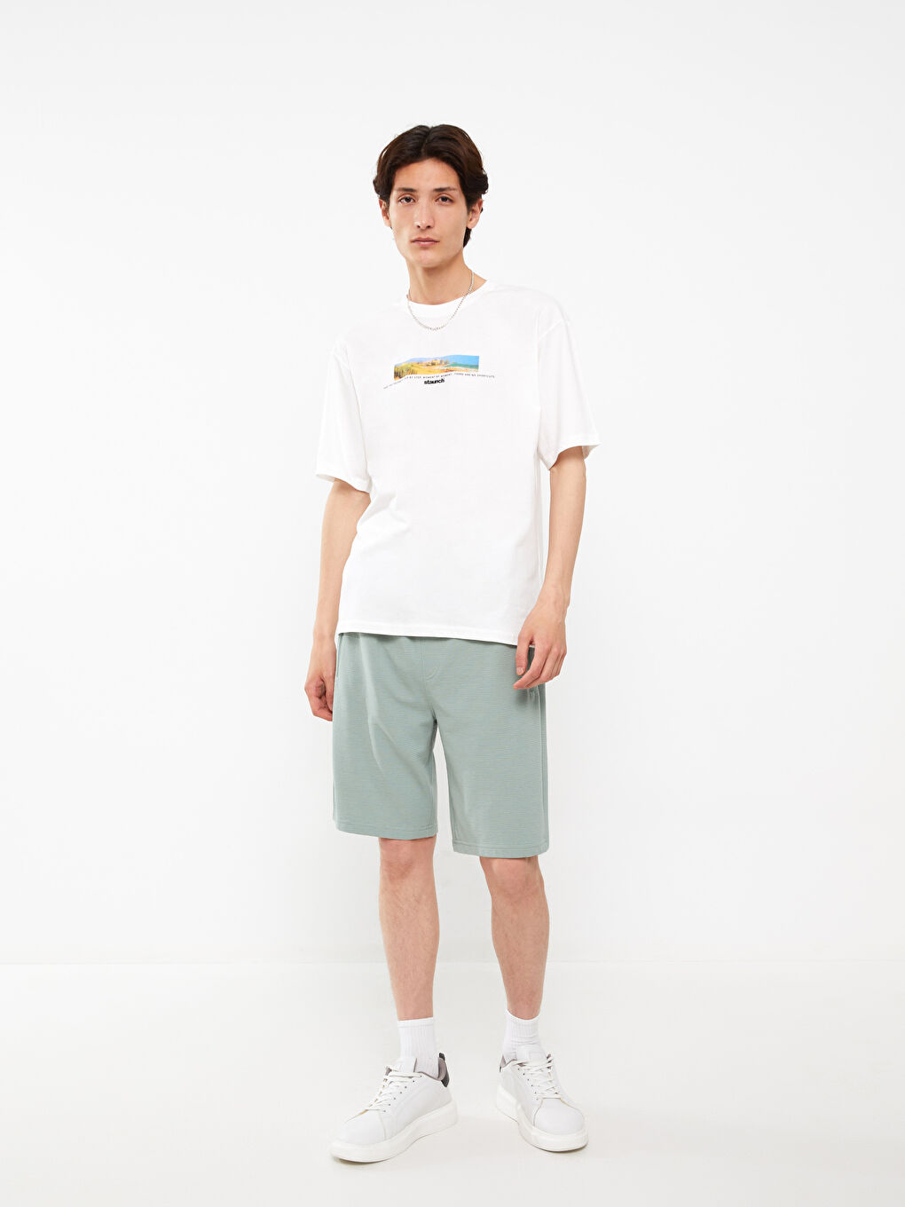 Beyaz Bisiklet Yaka Kısa Kollu Baskılı Penye Erkek Tişört-4