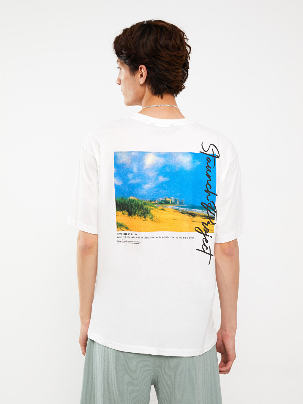 Beyaz Bisiklet Yaka Kısa Kollu Baskılı Penye Erkek Tişört-5