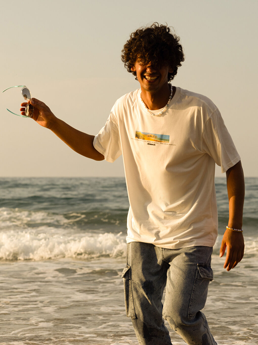 Beyaz Bisiklet Yaka Kısa Kollu Baskılı Penye Erkek Tişört