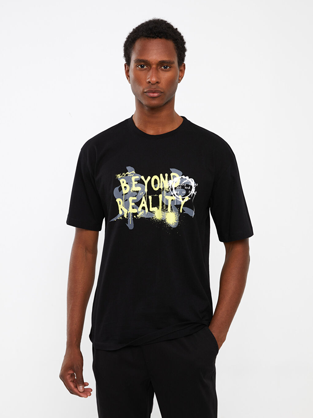 Siyah Bisiklet Yaka Kısa Kollu Baskılı Penye Erkek Tişört