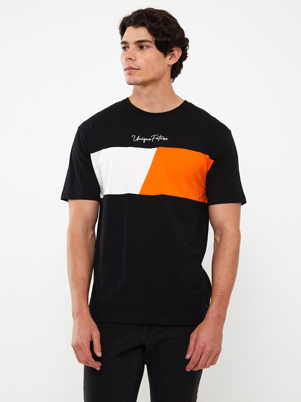 Siyah Bisiklet Yaka Kısa Kollu Baskılı Penye Erkek Tişört-2