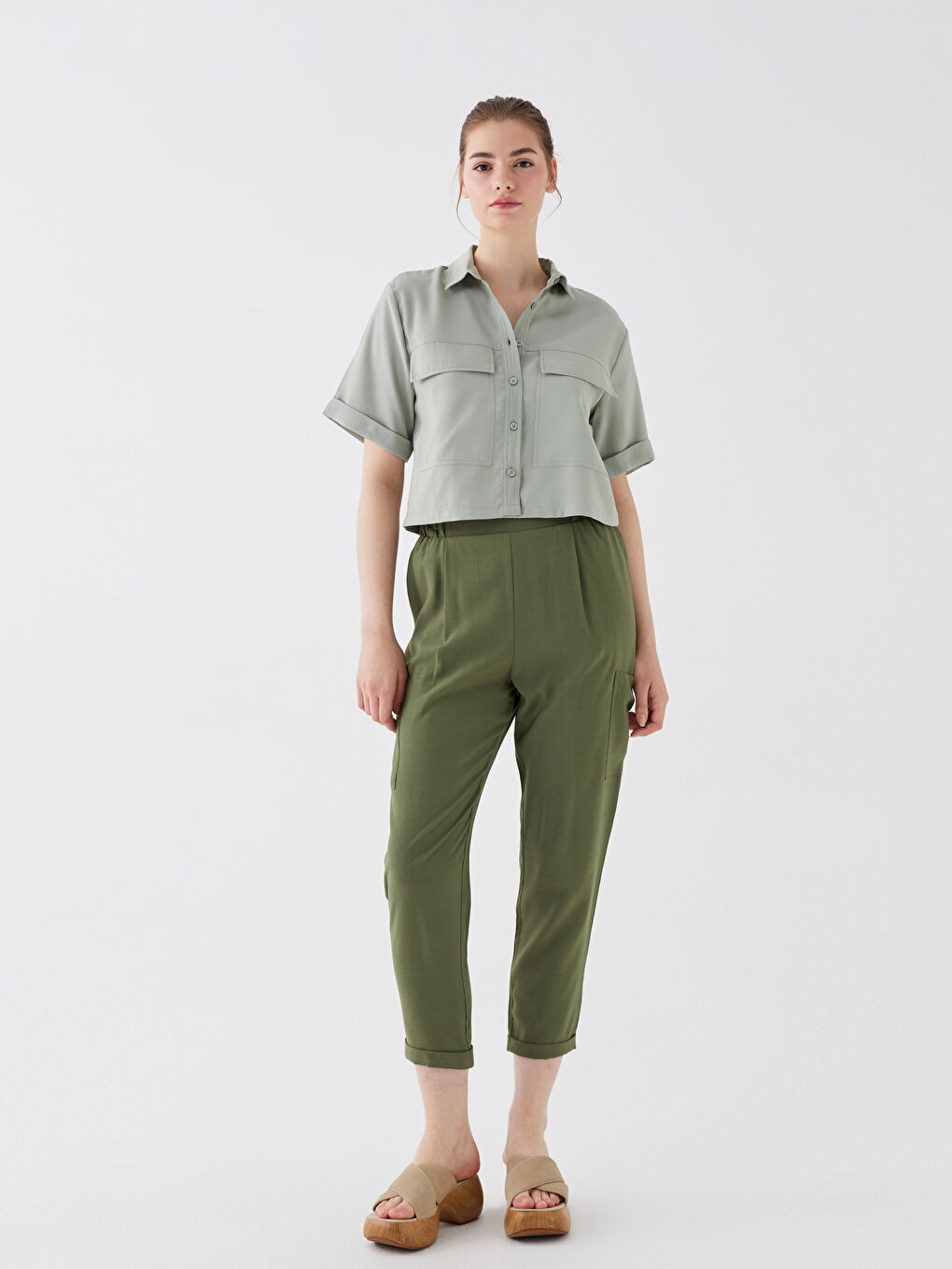 Gri Düz Kısa Kollu Crop Kadın Gömlek-1