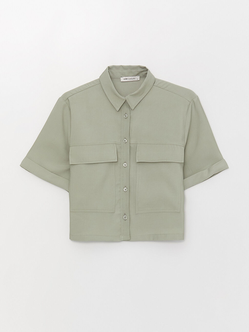 Gri Düz Kısa Kollu Crop Kadın Gömlek-5