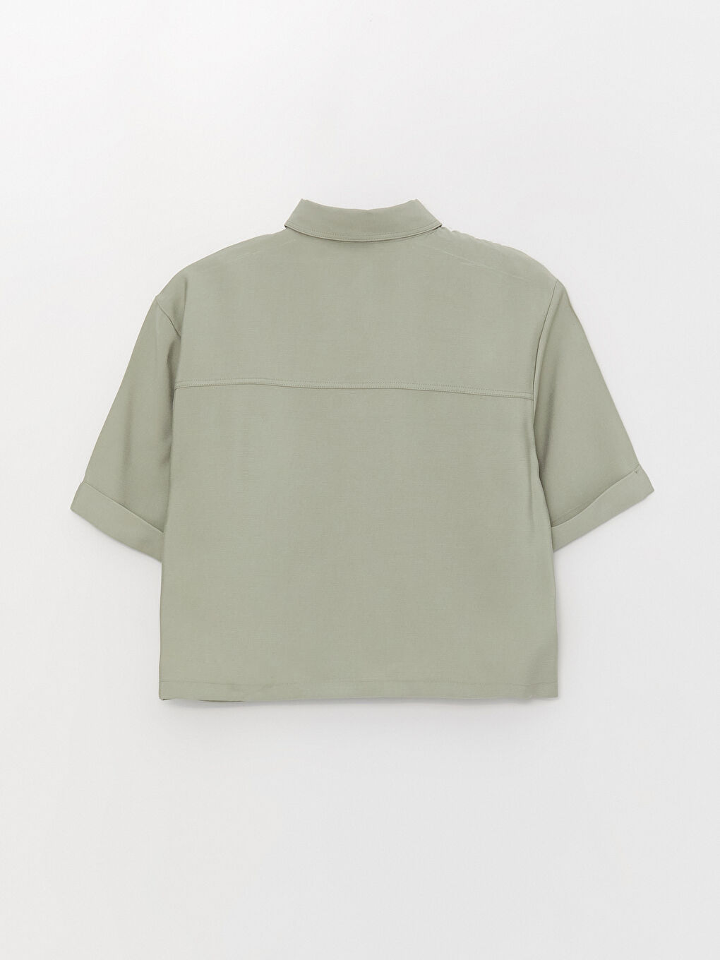 Gri Düz Kısa Kollu Crop Kadın Gömlek-6