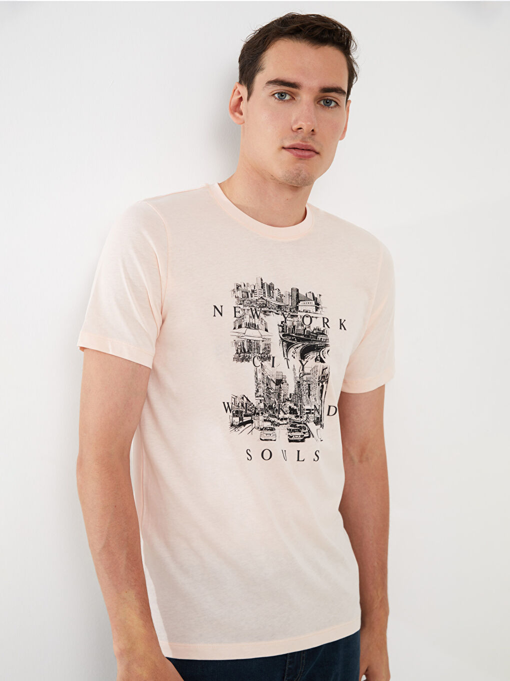 Pembe Bisiklet Yaka Kısa Kollu Baskılı Penye Erkek Tişört