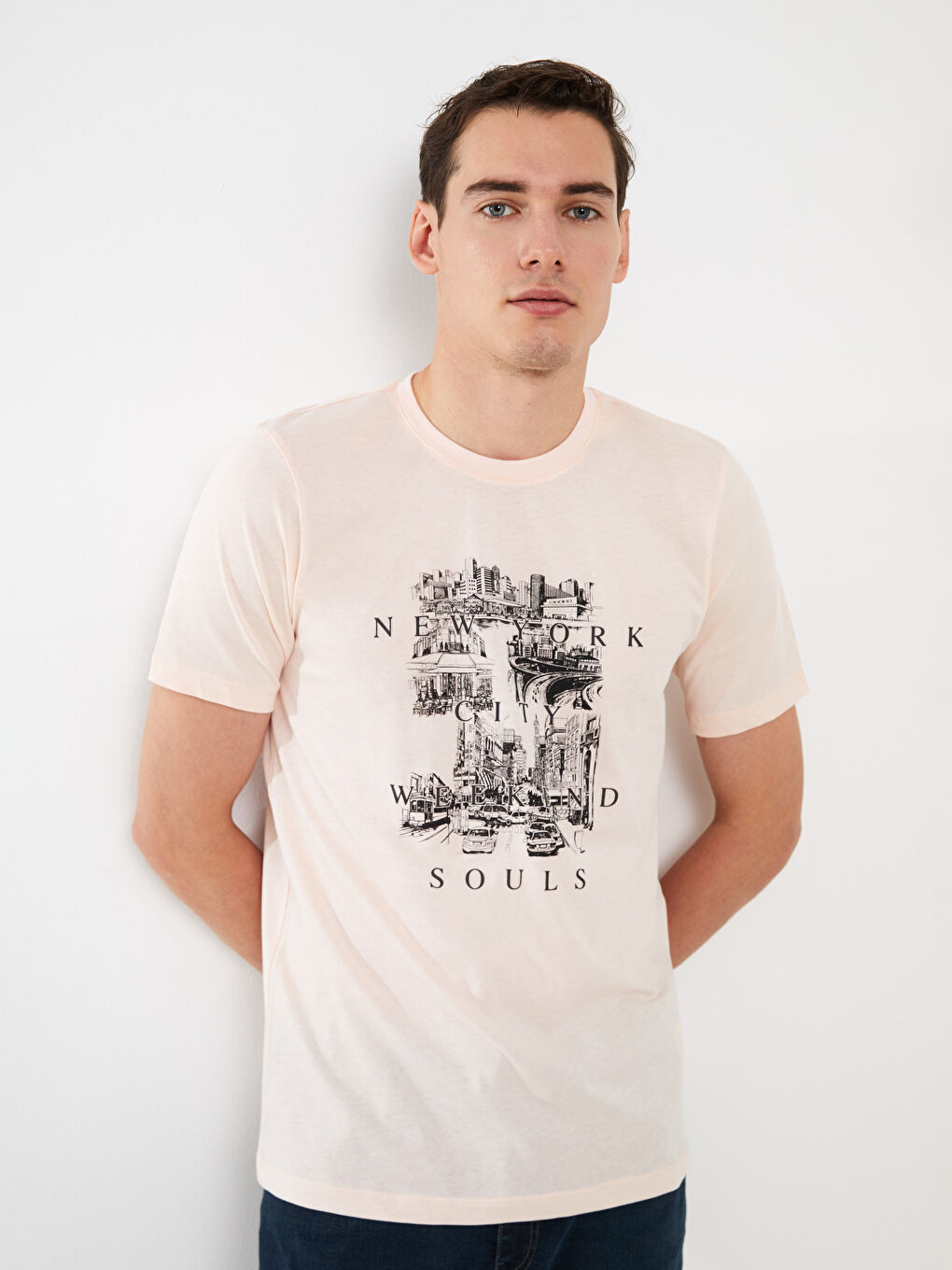 Pembe Bisiklet Yaka Kısa Kollu Baskılı Penye Erkek Tişört-1