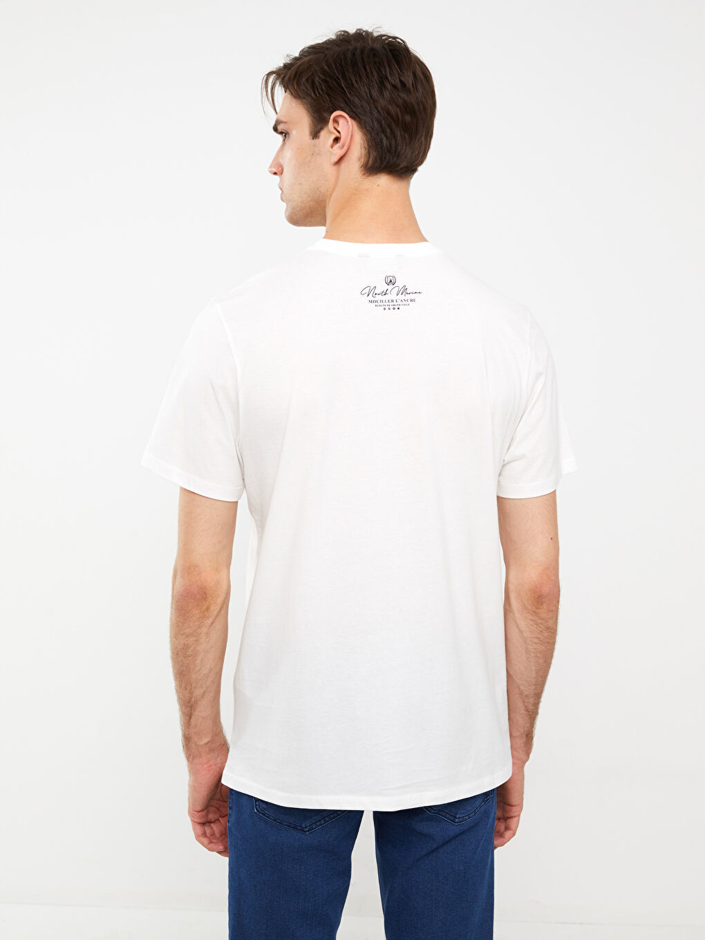 Beyaz Bisiklet Yaka Kısa Kollu Baskılı Penye Erkek Tişört-4