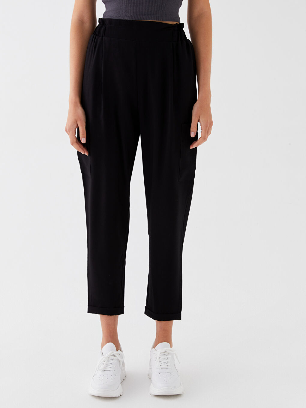 Siyah Beli Lastikli Standart Fit Kadın Pantolon-1