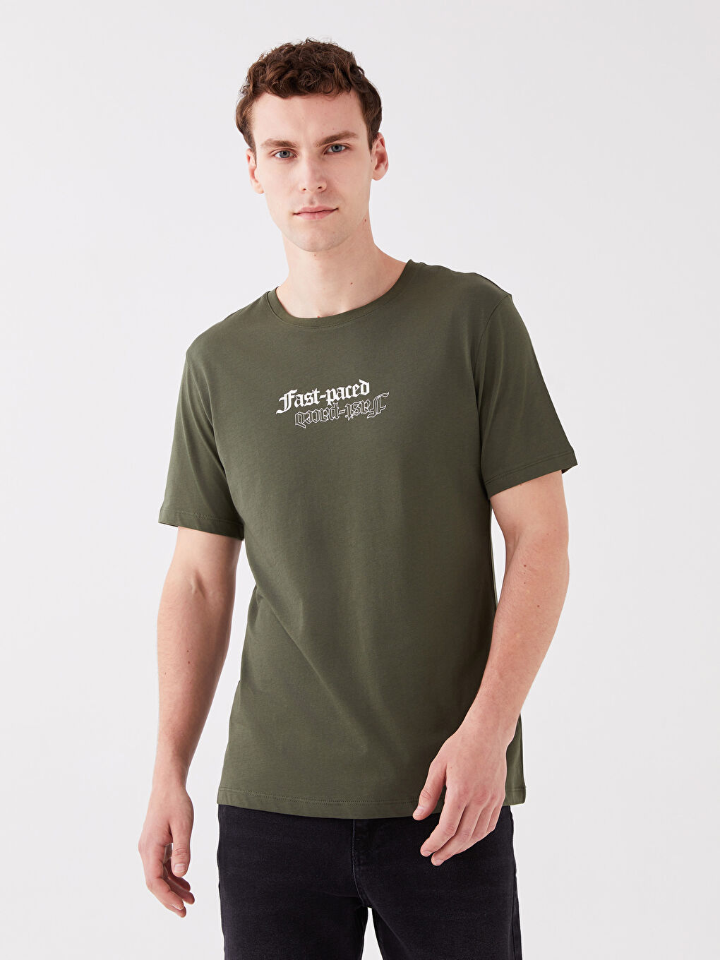 Haki Bisiklet Yaka Kısa Kollu Baskılı Penye Erkek Tişört