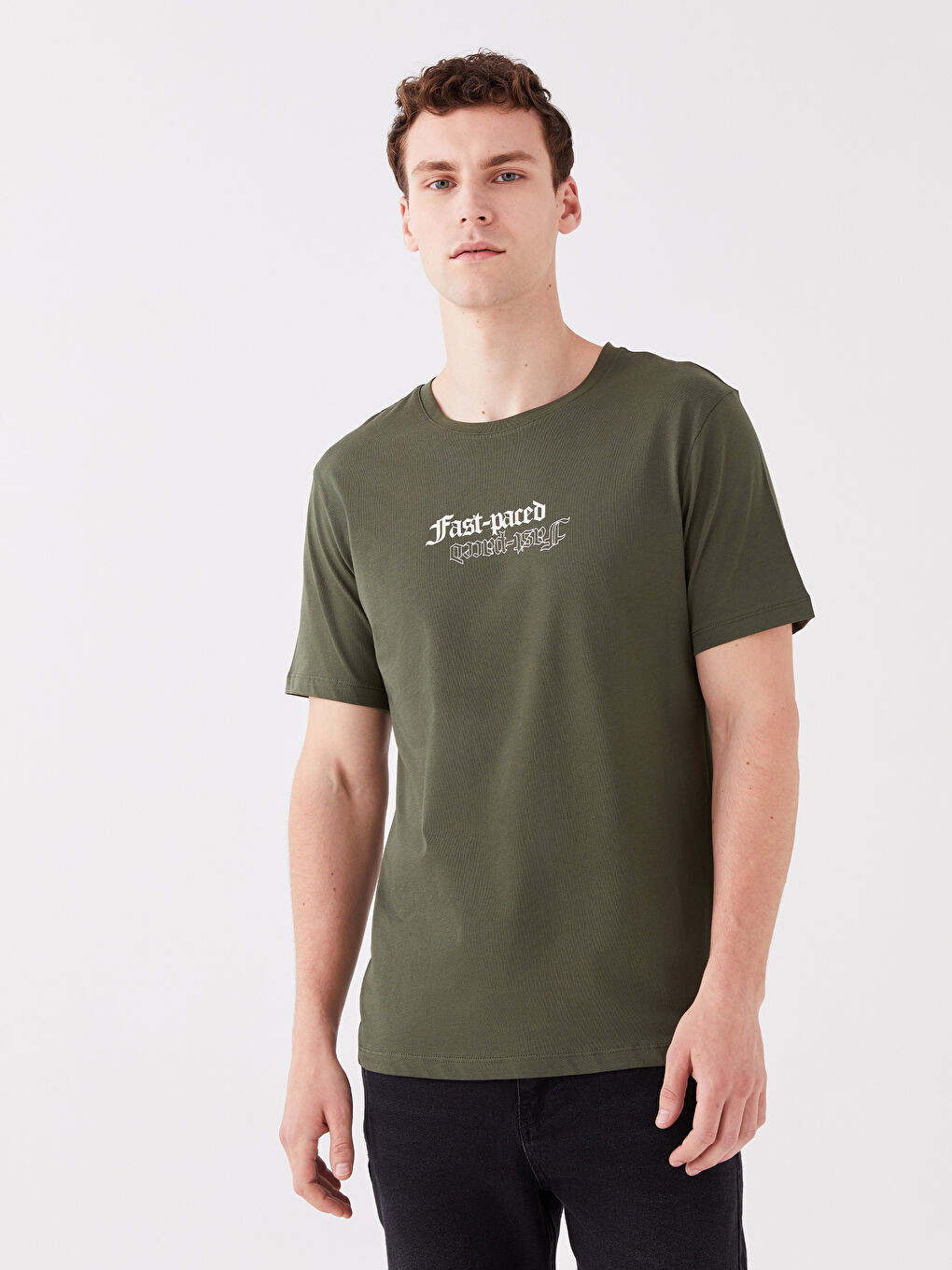 Haki Bisiklet Yaka Kısa Kollu Baskılı Penye Erkek Tişört-1