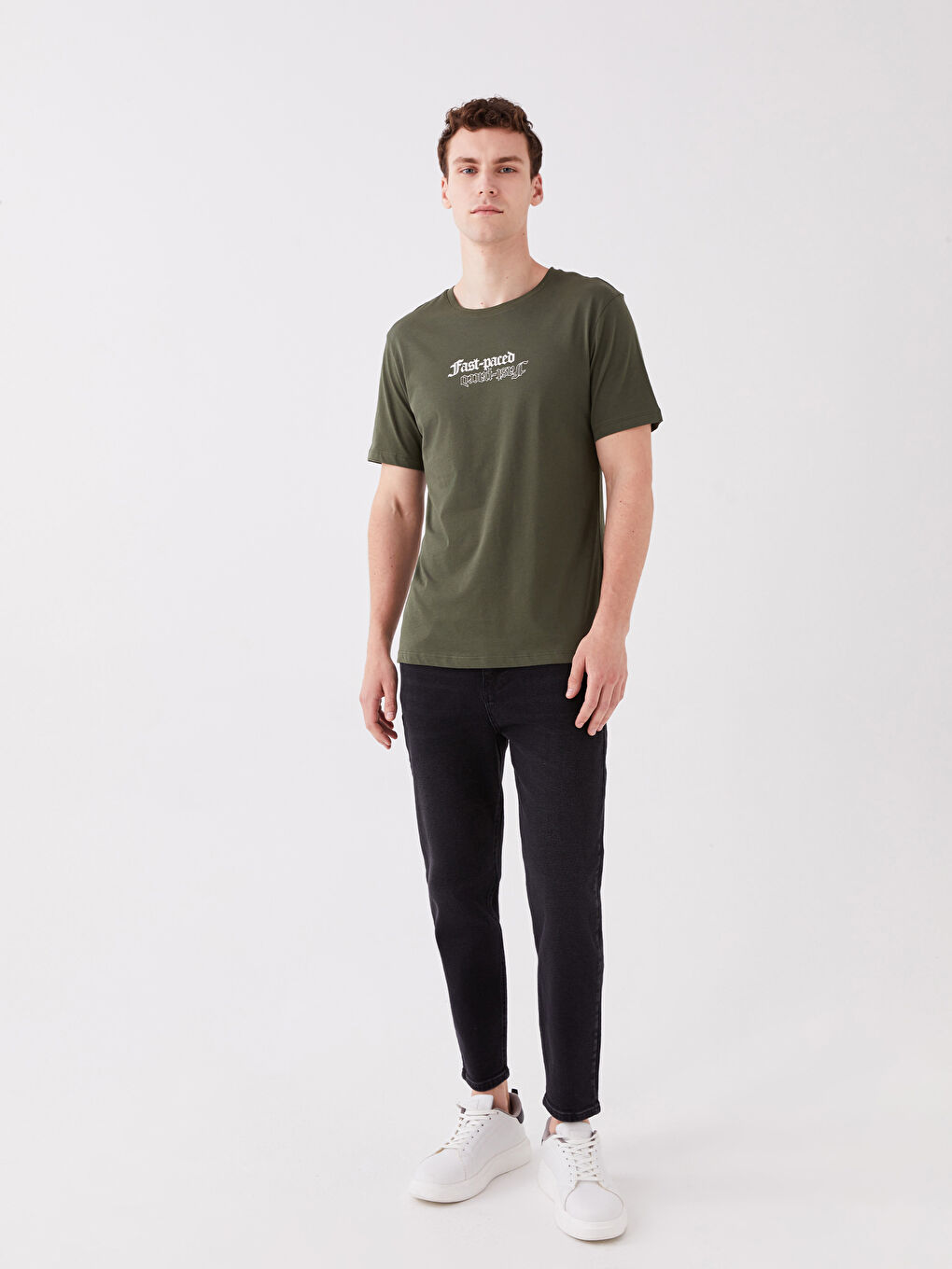 Haki Bisiklet Yaka Kısa Kollu Baskılı Penye Erkek Tişört-2