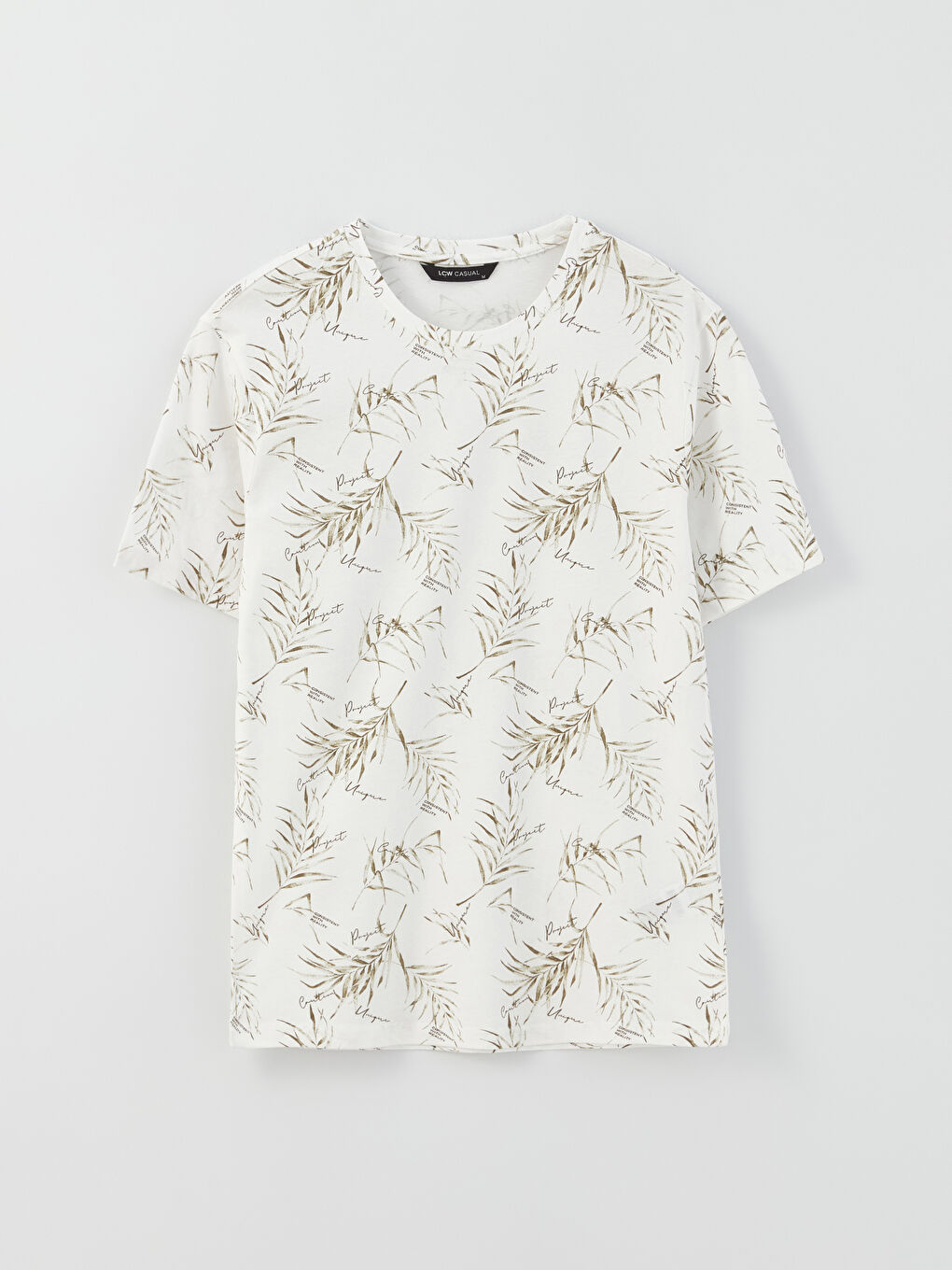 Ekru Bisiklet Yaka Kısa Kollu Desenli Penye Erkek Tişört-5