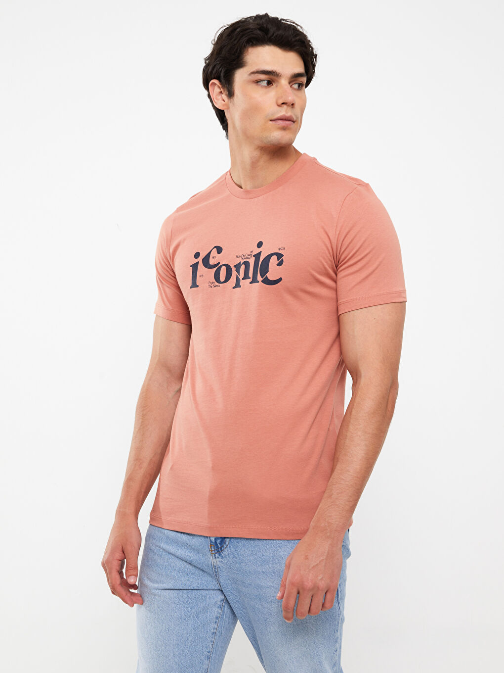 Pembe Bisiklet Yaka Kısa Kollu Baskılı Penye Erkek Tişört-2