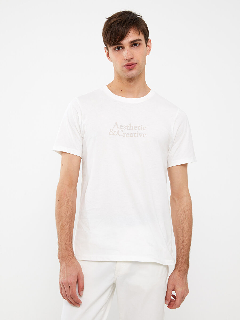 Ekru Bisiklet Yaka Kısa Kollu Baskılı Penye Erkek Tişört