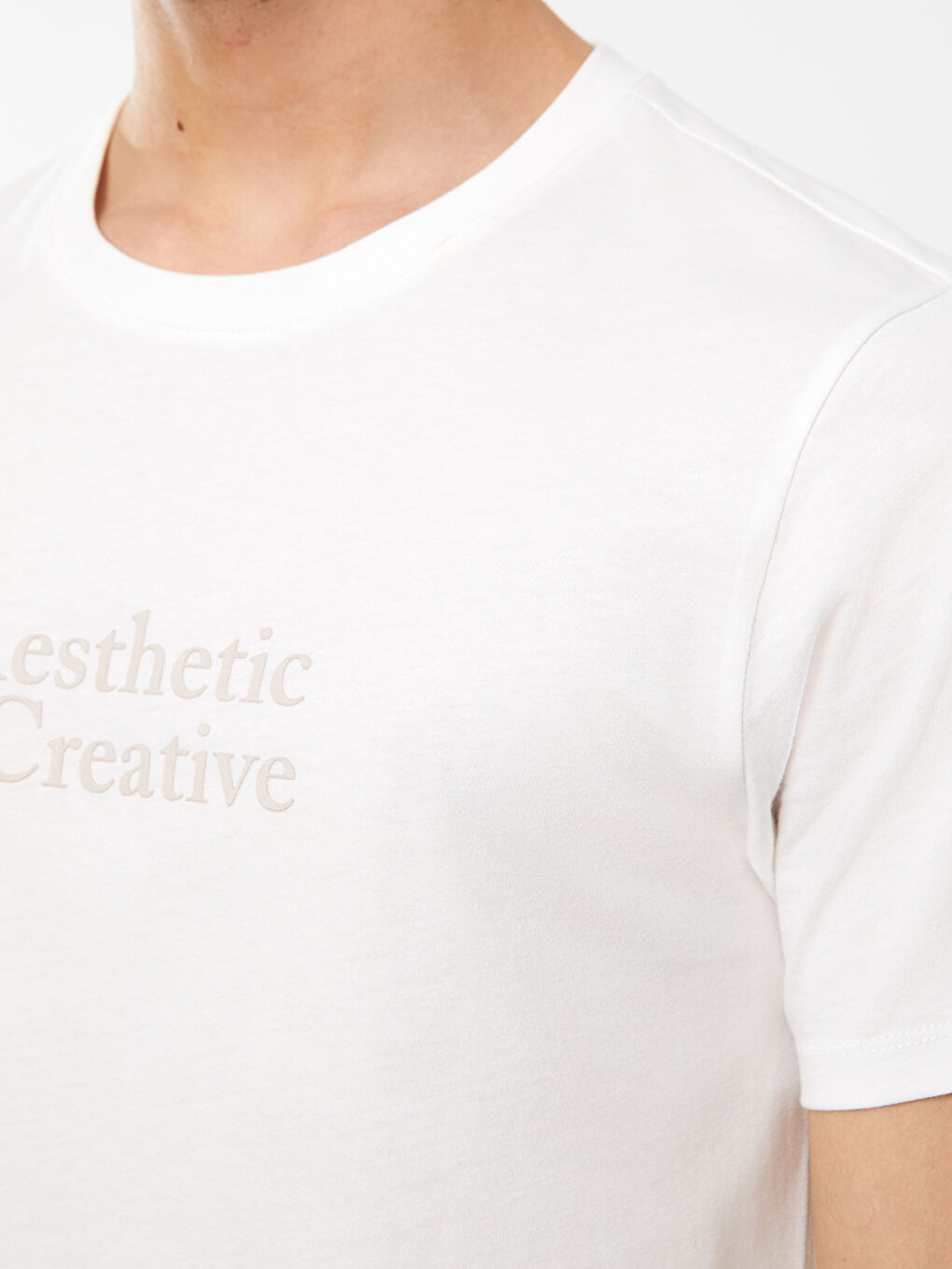 Ekru Bisiklet Yaka Kısa Kollu Baskılı Penye Erkek Tişört-3