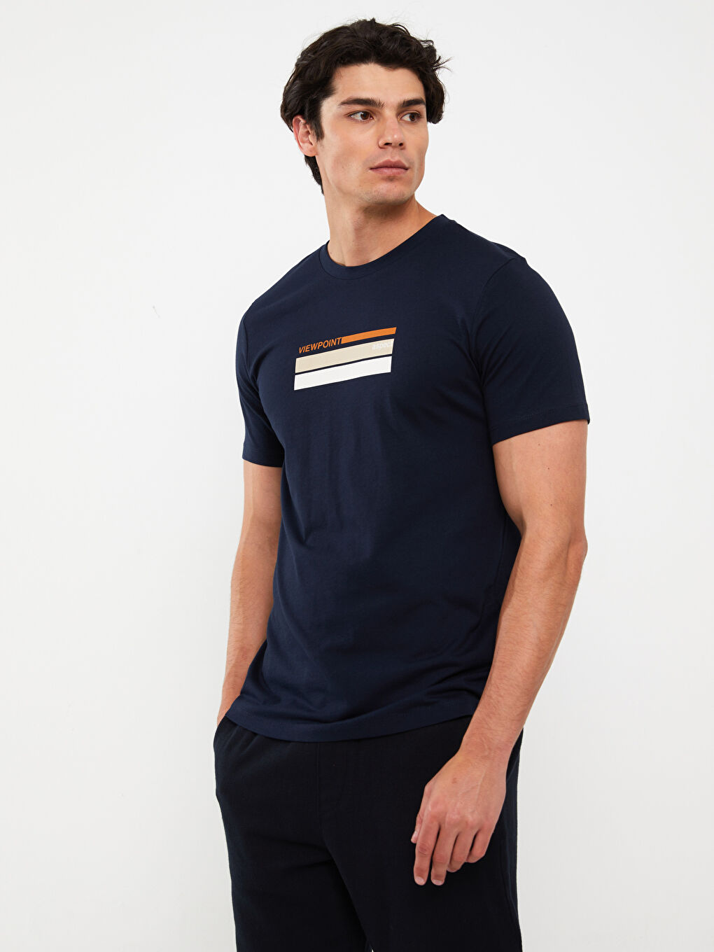 Lacivert Bisiklet Yaka Kısa Kollu Baskılı Penye Erkek Tişört-2