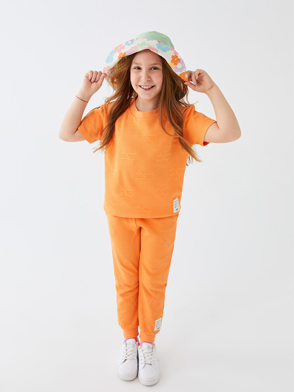 Turuncu Bisiklet Yaka Kısa Kollu Unisex Çocuk Tişört ve Eşofman Altı