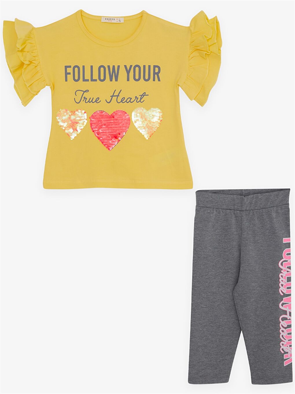 Sarı Bisiklet Yaka Baskılı Kısa Kollu Kız Çocuk Tişört ve Tayt