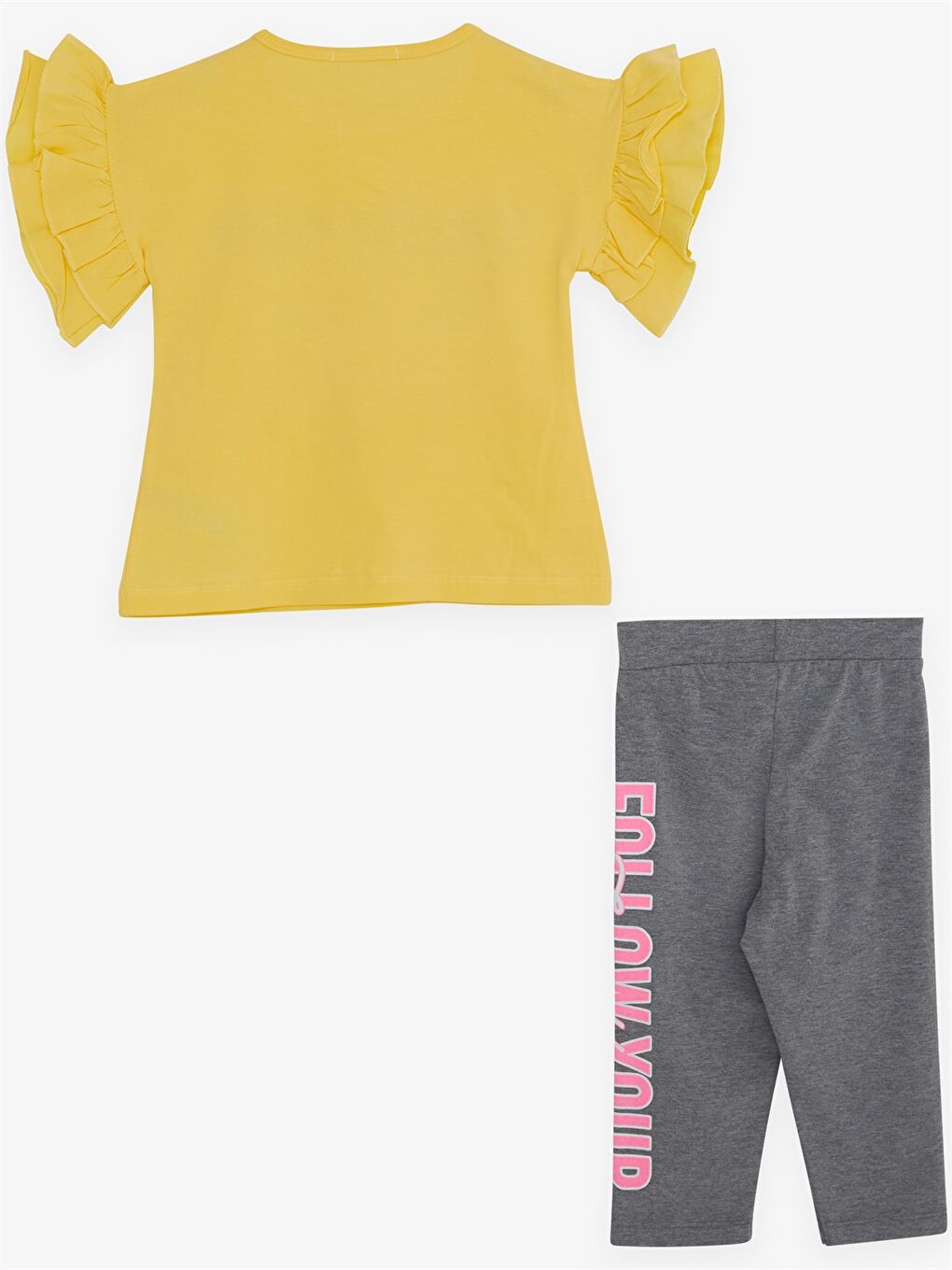 Sarı Bisiklet Yaka Baskılı Kısa Kollu Kız Çocuk Tişört ve Tayt-1