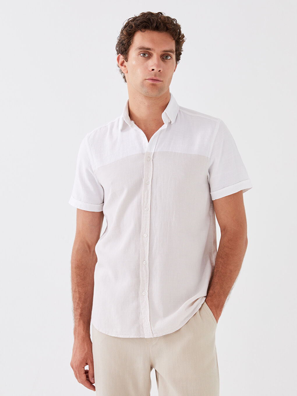 Bej Slim Fit Kısa Kollu Armürlü Erkek Gömlek