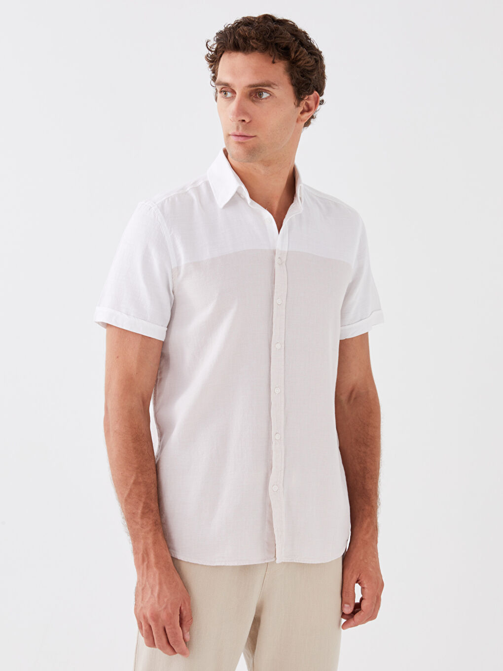 Bej Slim Fit Kısa Kollu Armürlü Erkek Gömlek-1