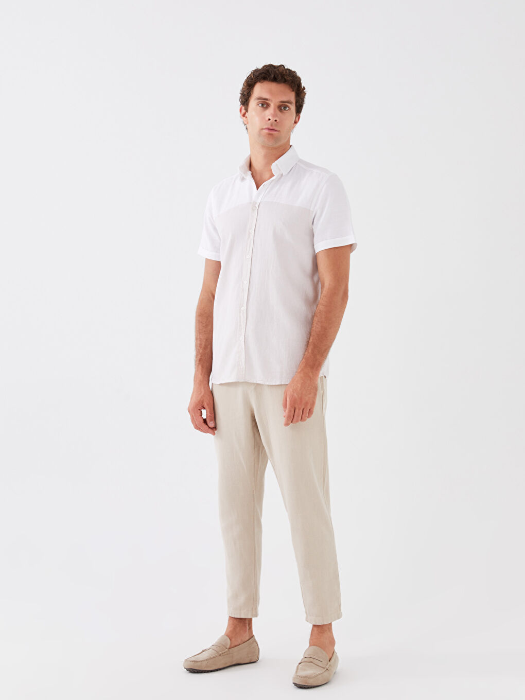 Bej Slim Fit Kısa Kollu Armürlü Erkek Gömlek-2