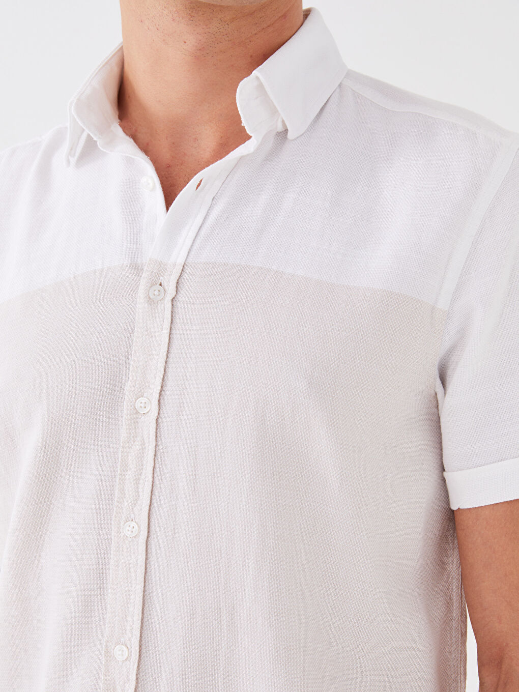 Bej Slim Fit Kısa Kollu Armürlü Erkek Gömlek-3