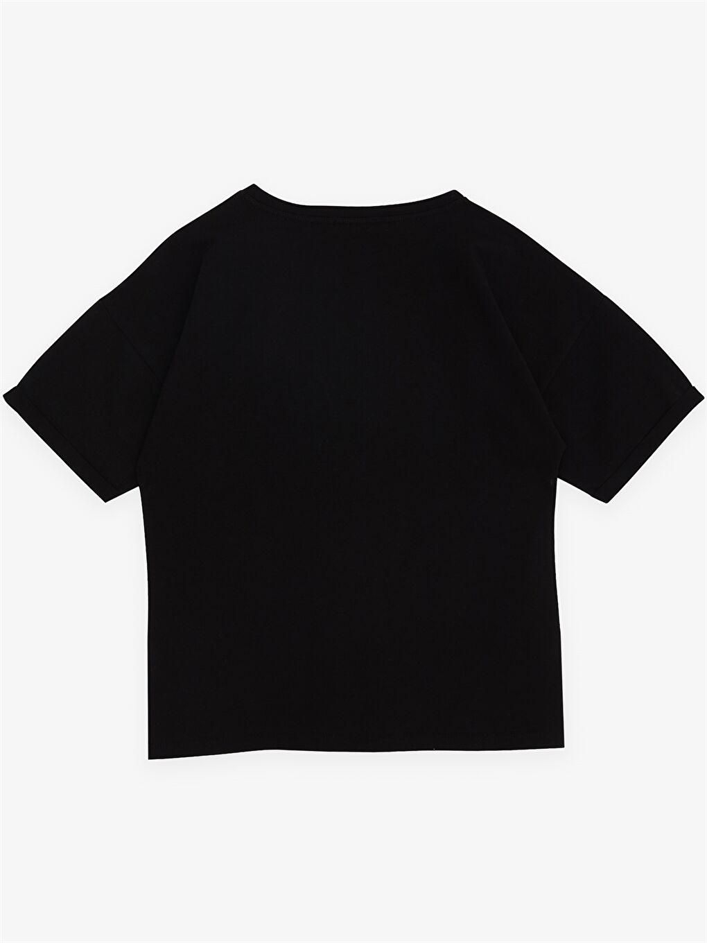 Siyah Bisiklet Yaka Baskılı Kısa Kollu Kız Çocuk Tişört-1