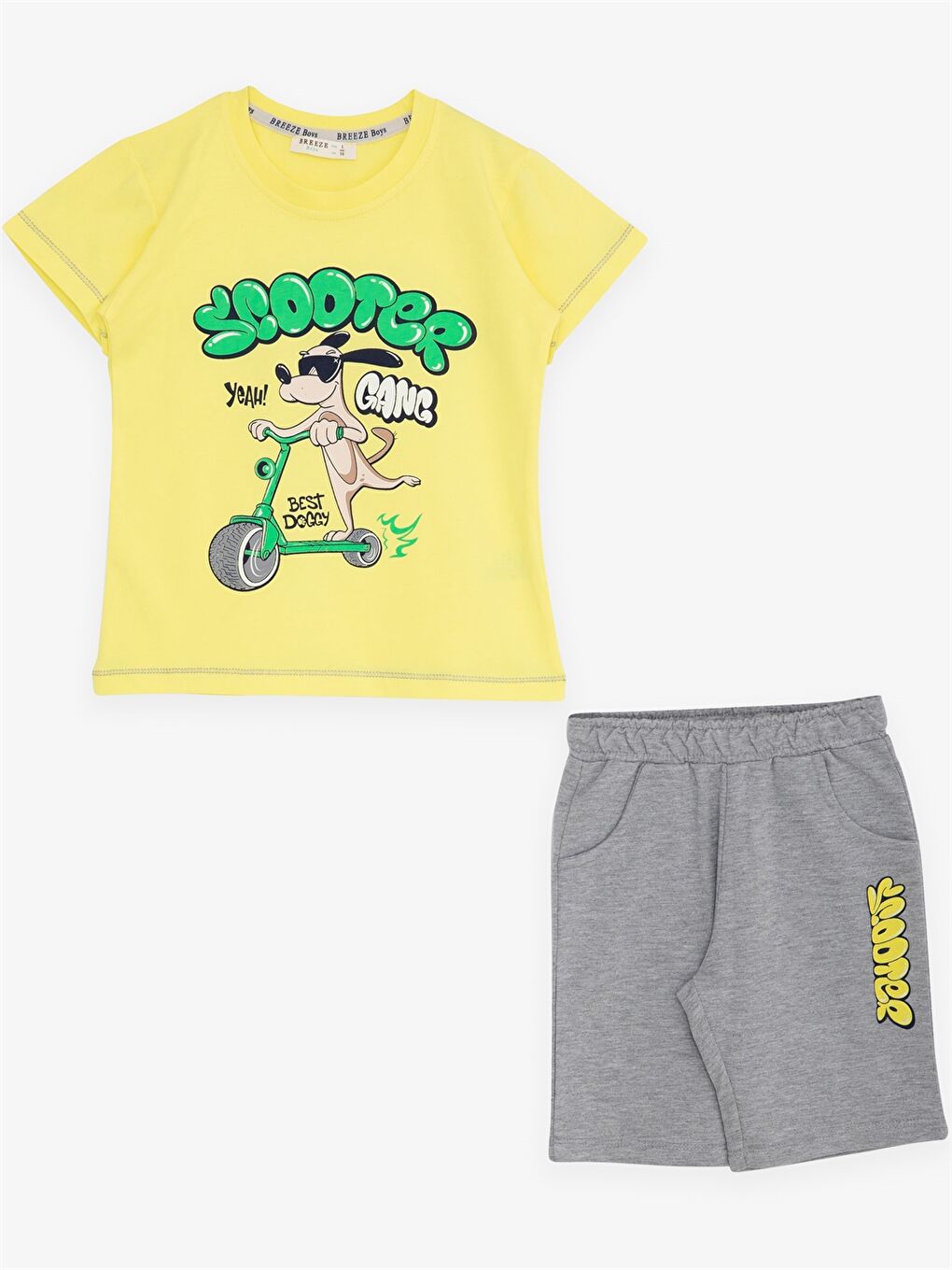 Sarı Bisiklet Yaka Kısa Kollu Baskılı Erkek Bebek Tişört ve Şort 2'li Takım