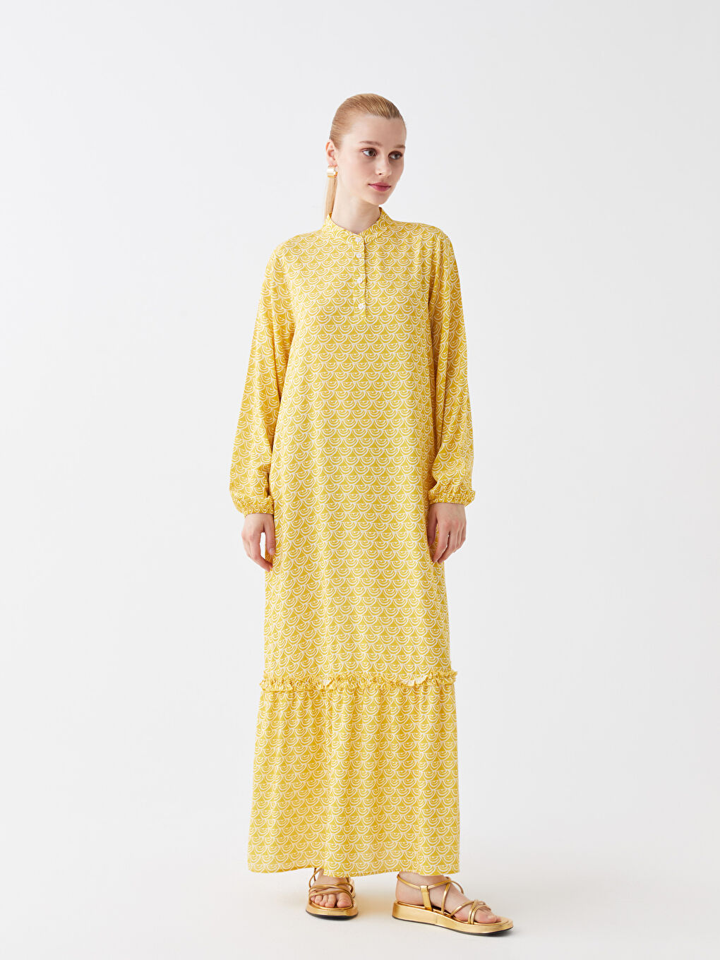 Sarı Hakim Yaka Desenli Uzun Kollu Elbise