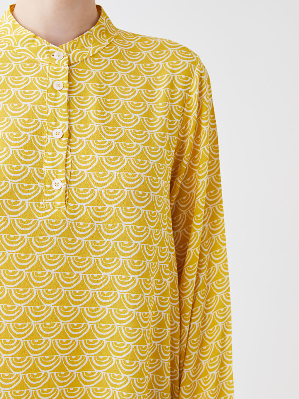 Sarı Hakim Yaka Desenli Uzun Kollu Elbise-2