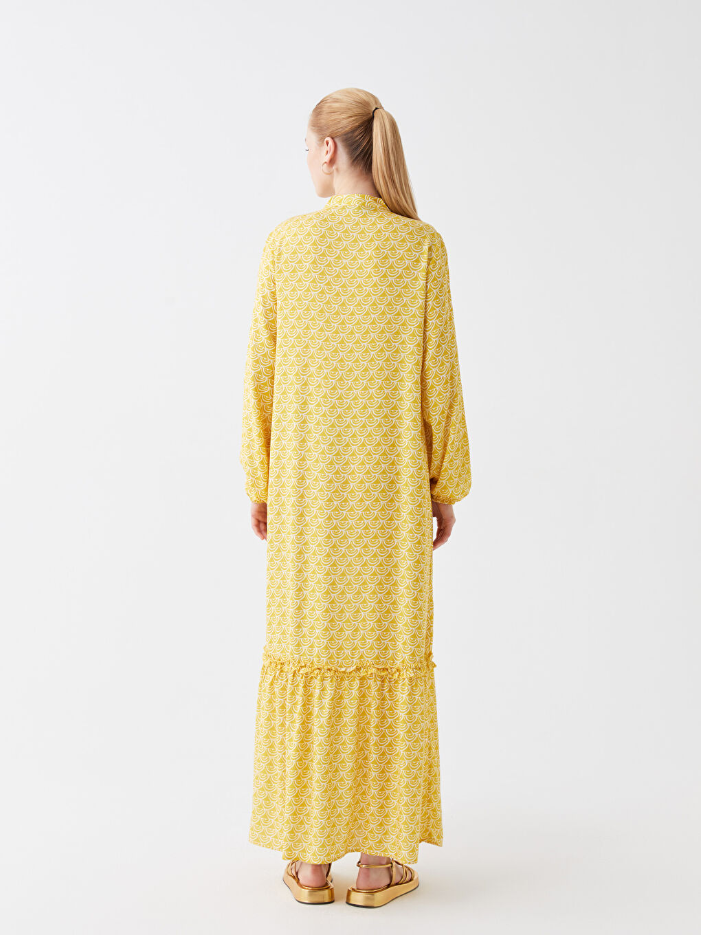 Sarı Hakim Yaka Desenli Uzun Kollu Elbise-3