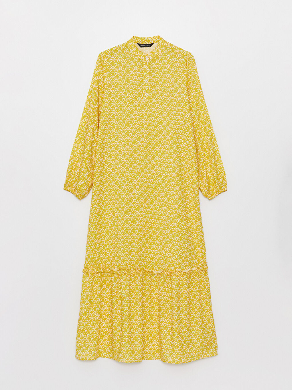 Sarı Hakim Yaka Desenli Uzun Kollu Elbise-4